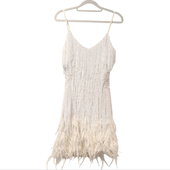 Nadine Merabi Lottie White Beaded Feather Fringe Mini Dress Size S/M/6 - Picture 3 of 16